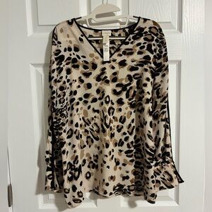Chico's Leopard Print V-Neck Long Sleeve Top - Black & Brown on Cream